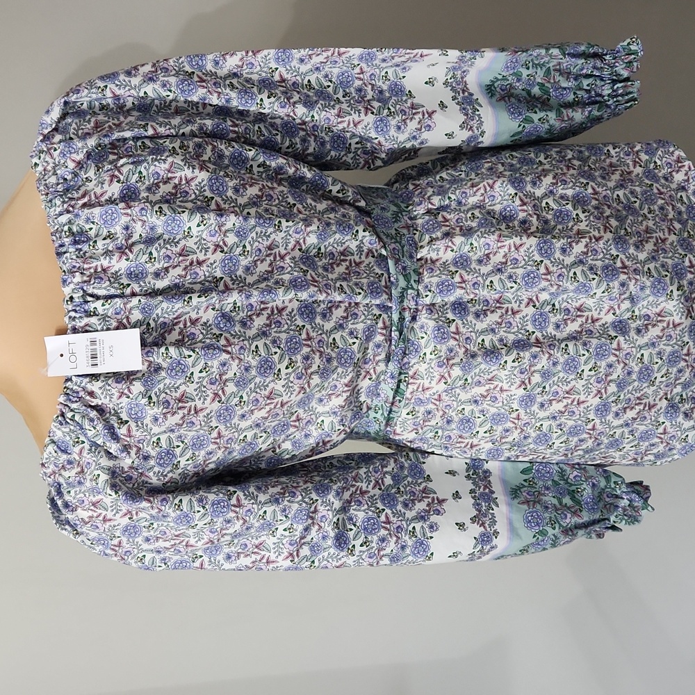 LOFT Floral Peasant Blouse XXS (0-2) Whimsical Boho Cottagecore Tie Waist Top - Picture 11 of 12